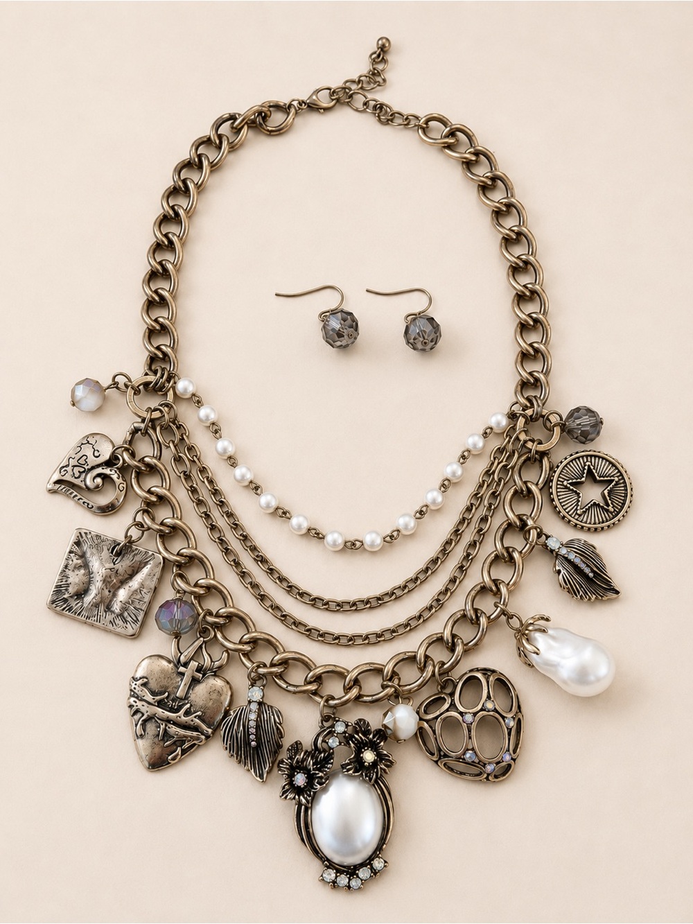 Vintage-Inspired Antique Gold Multi-Strand Charm Necklace & Earring Set